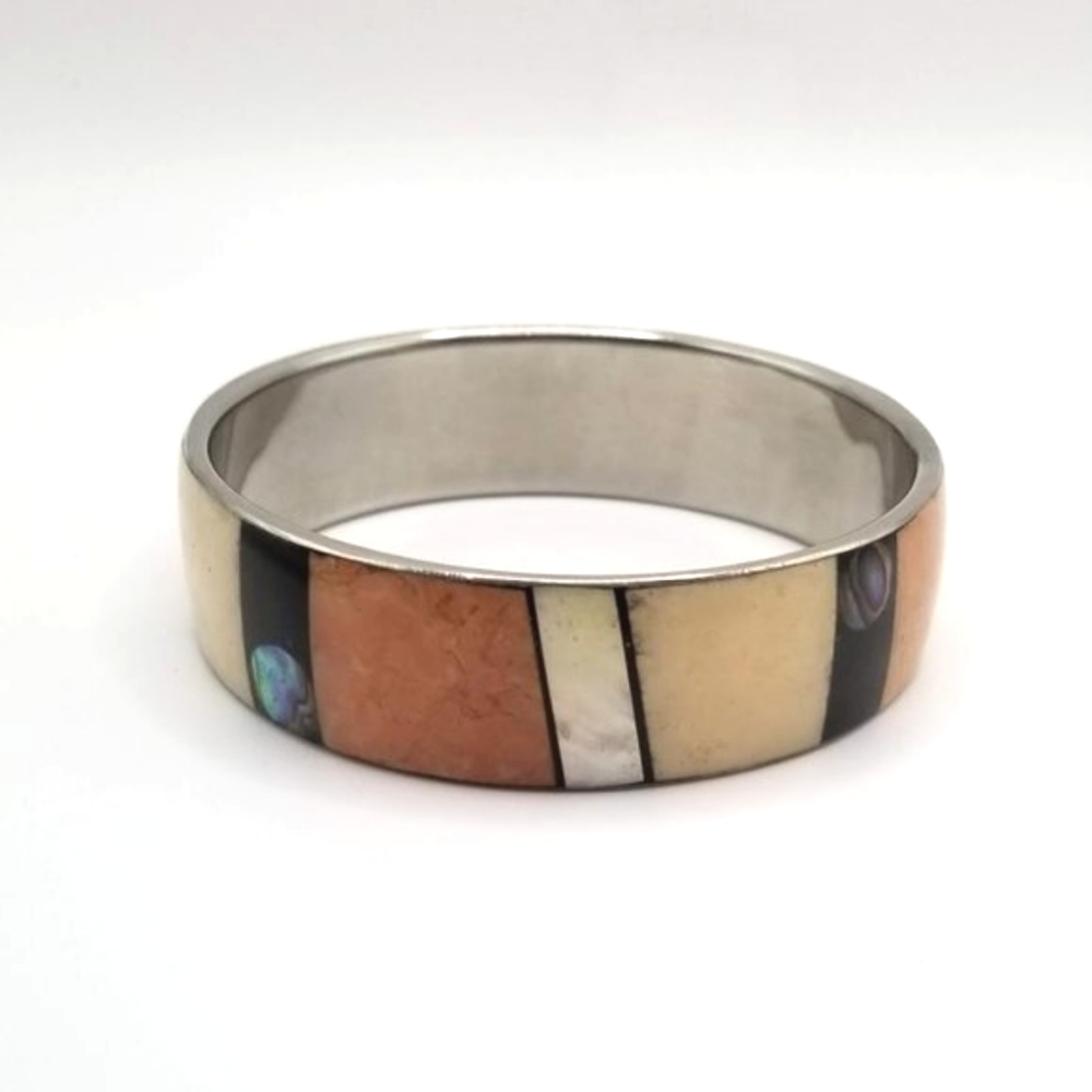 Silver Tone Enamel Mother of Pearl Abalone Bangle Bracelet